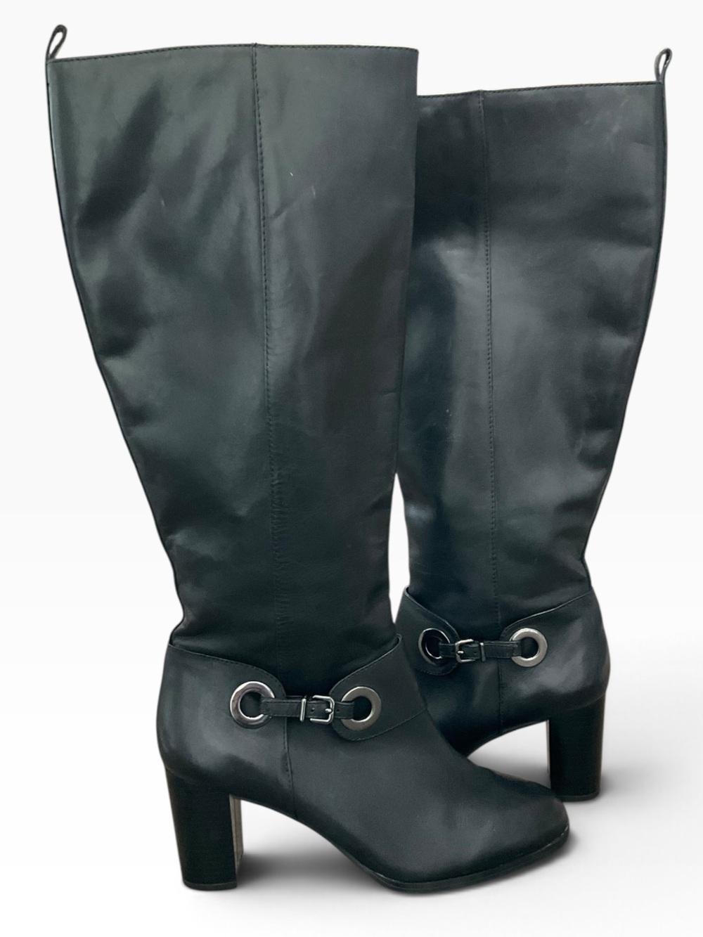 Alex Marie Black Leather Knee-High Heeled Boots with Buckle Detail Sz 8 NEW